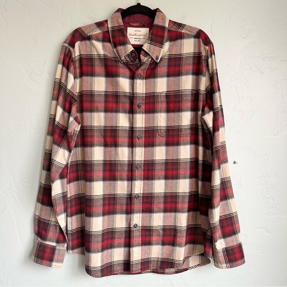 Weatherproof Men’s Red Cream Plaid Button Down Cotton Flannel Shirt Medium NWOT